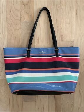 kate spade Blue, Pink, Black & Mint Striped Leather Tote